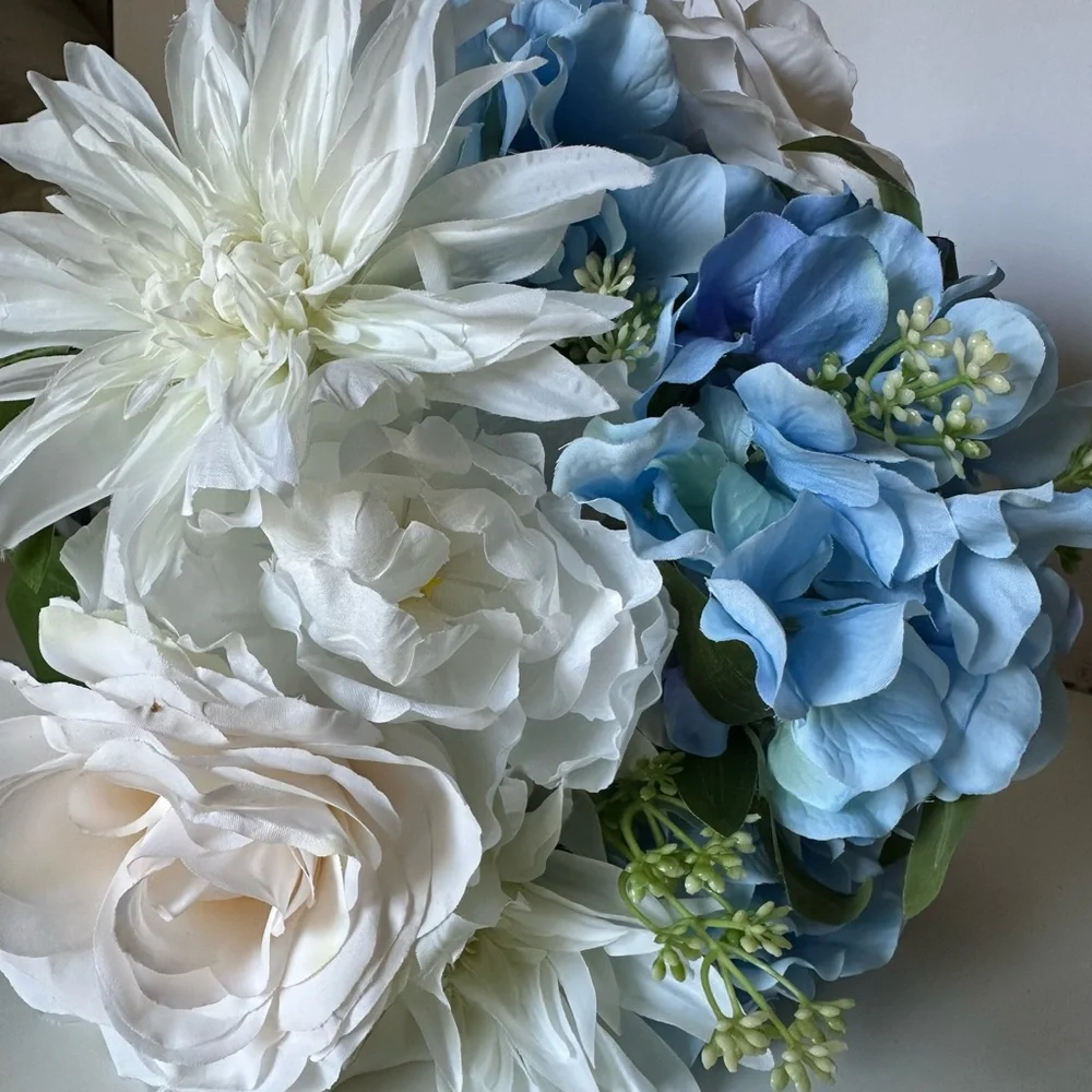 New with Tags Blue & White Artificial Floral Cone Arrangement with Striped Bow